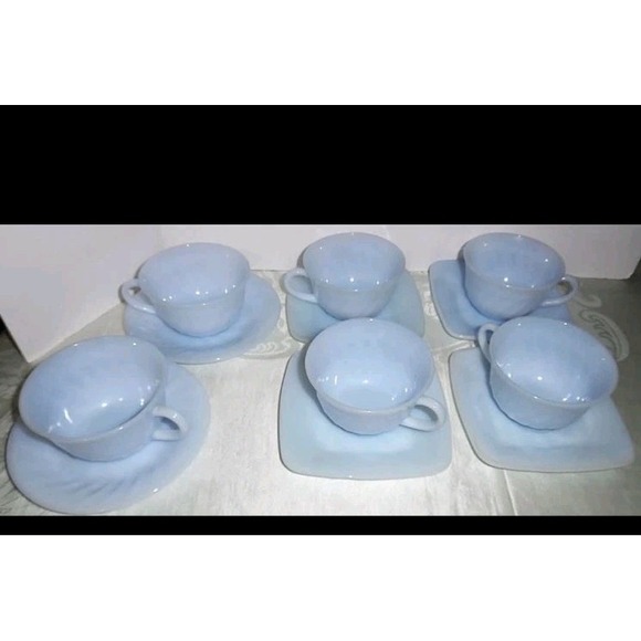 Vtg Anchor Hocking Fire King Azurite Charm Lt Blue‎ Cups Saucers Set 6 MCM - Picture 1 of 1